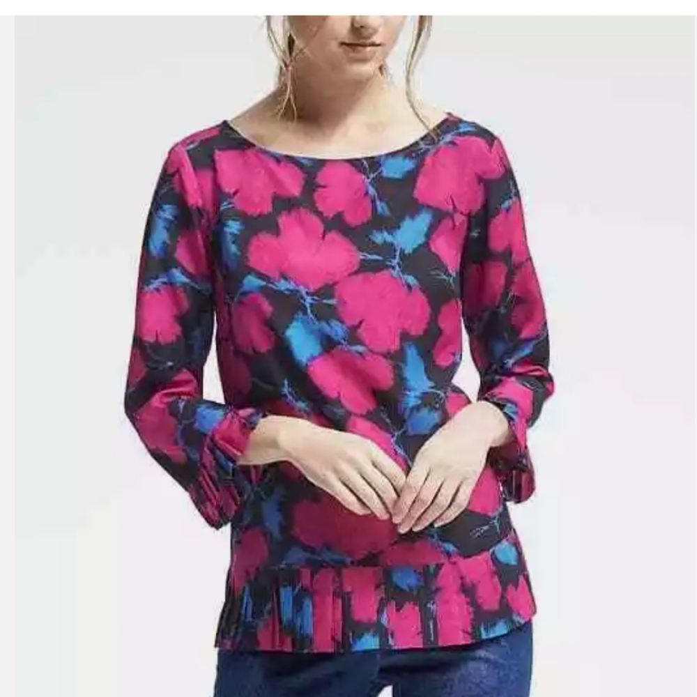 Banana Republic Easy Care Floral Pleat Blouse Royal Fuchsia